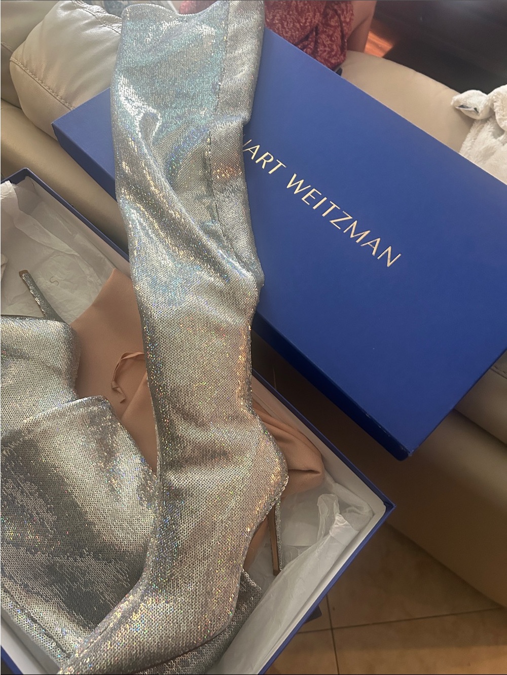 Stuart Weitzman Silver Holographic Over-the-Knee Boots